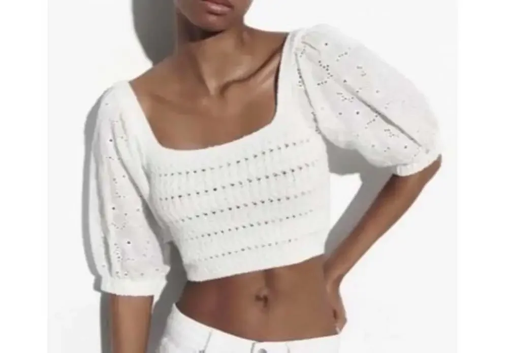 Zara Contrast Knit Eyelet Puff Sleeve Square Neck Crop Top White Small